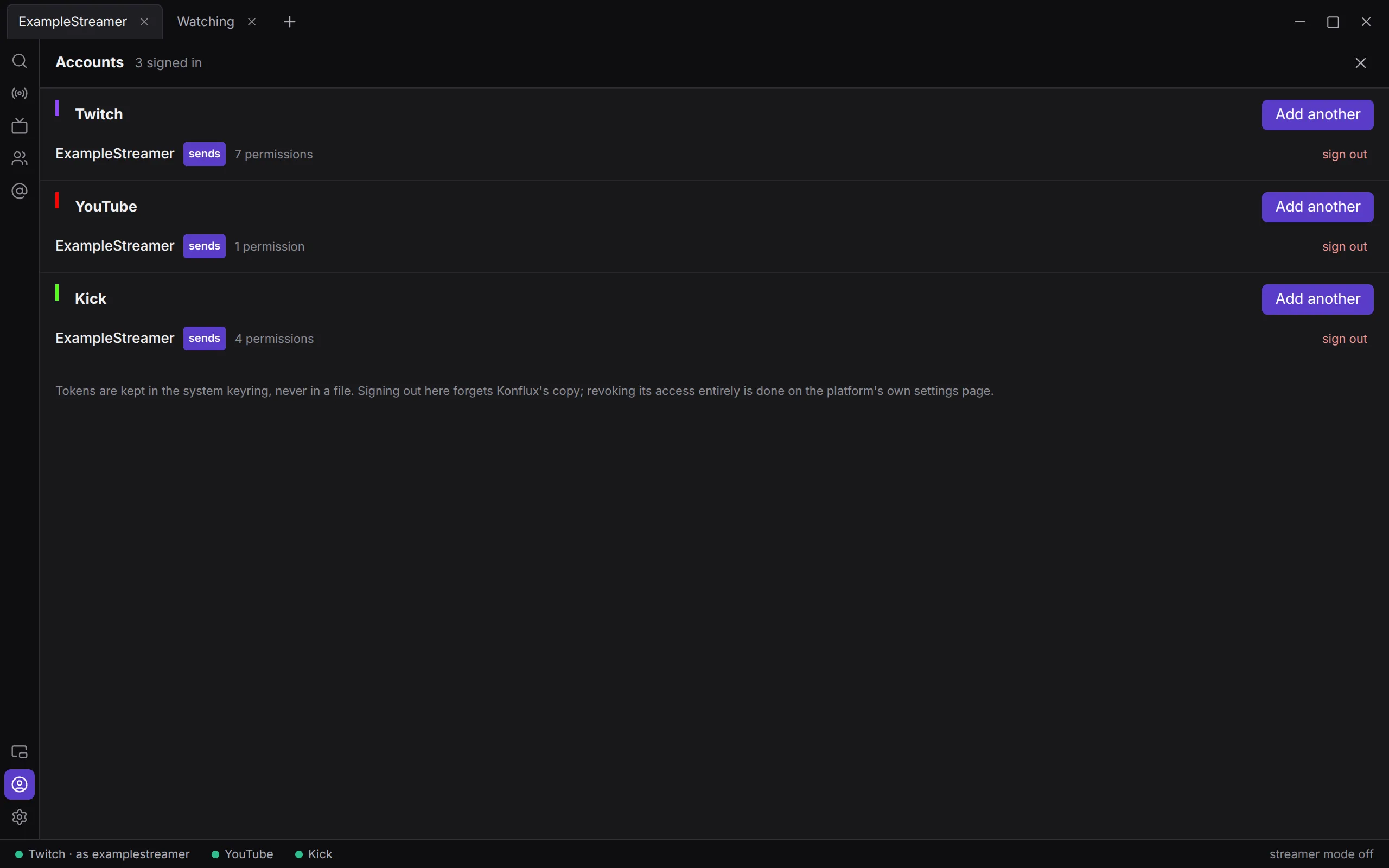 The Accounts panel signed in to Twitch, YouTube and Kick, each account marked as the one that sends