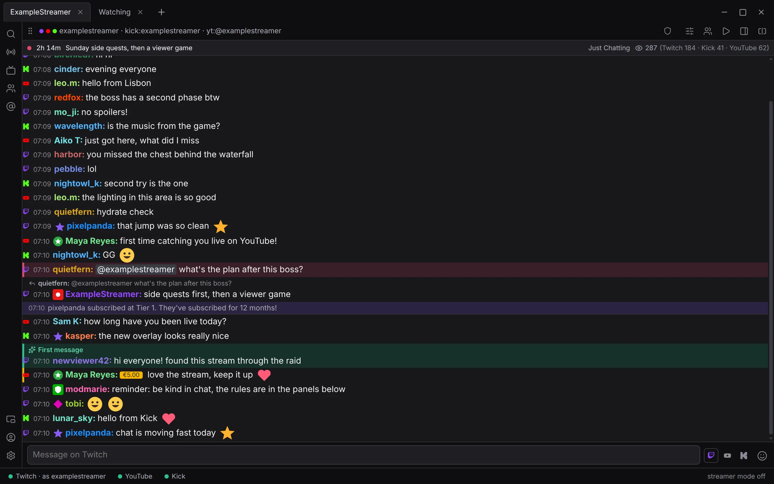 One streamer’s chat from Twitch, YouTube and Kick in a single list, with the stream’s title and viewers per platform above it