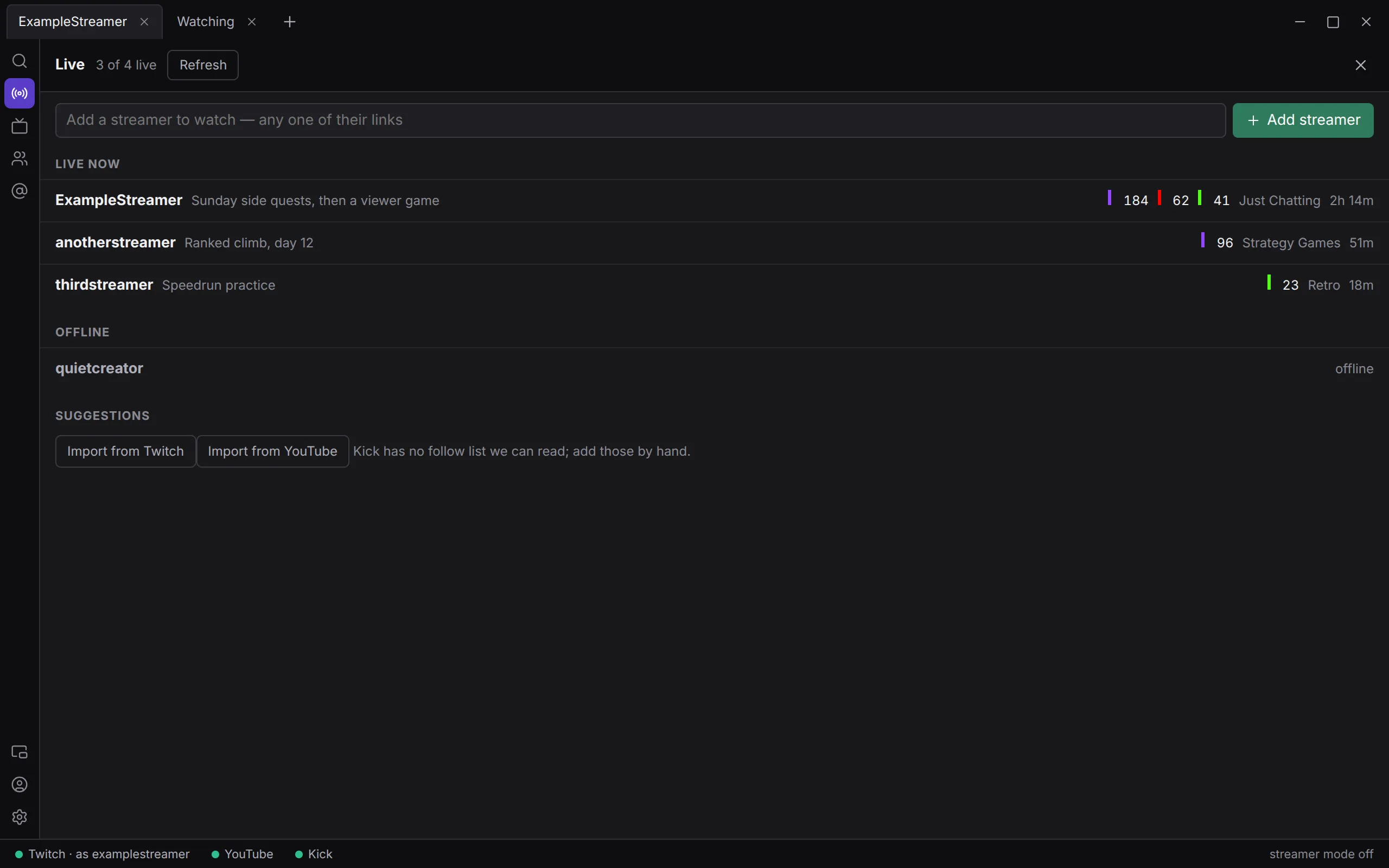 The Live panel: three streamers under Live now with their viewers per platform, one under Offline, and the Suggestions section with Import from Twitch and Import from YouTube