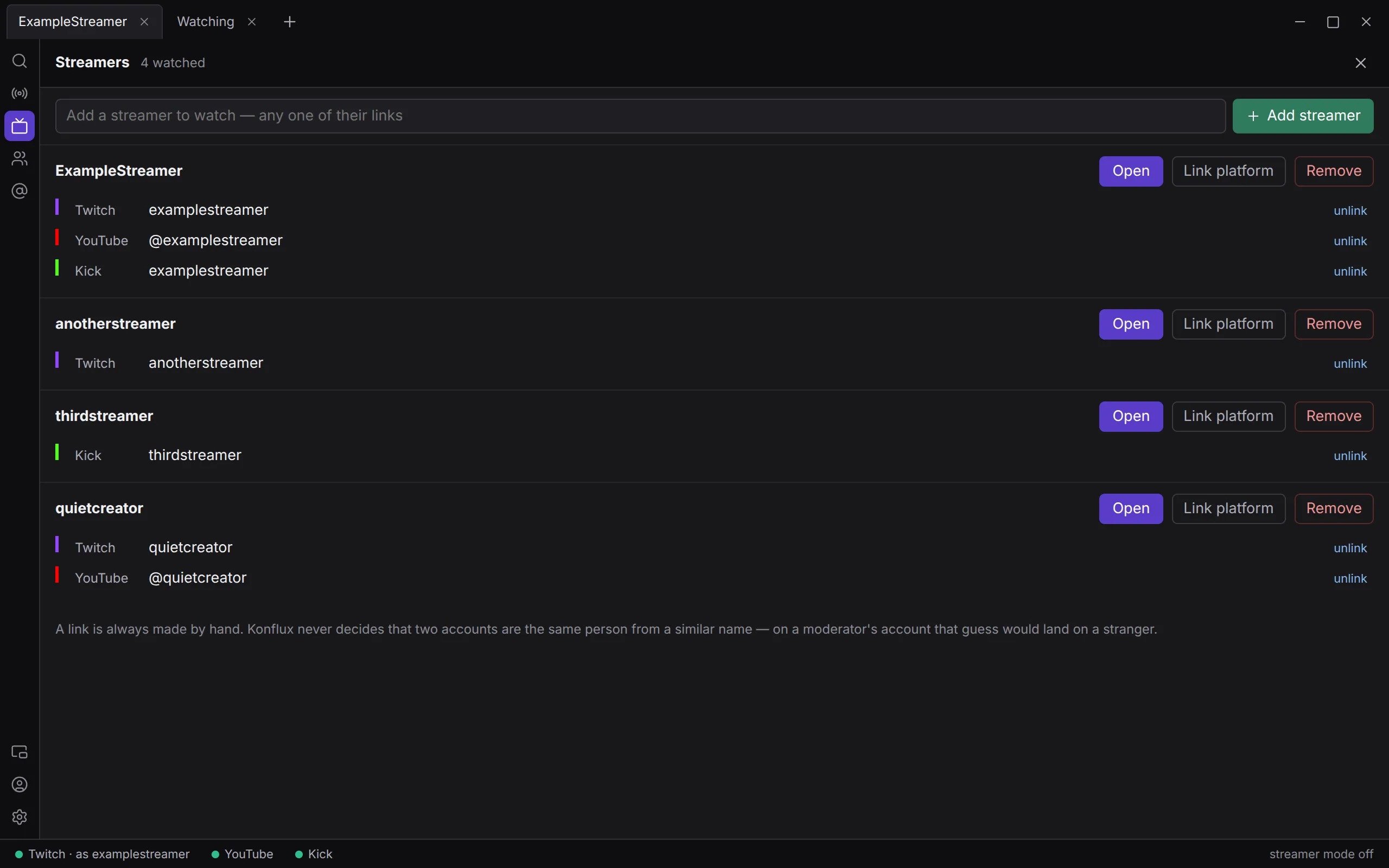 The Streamers panel with four streamers, each with its linked platforms and the Open, Link platform and Remove buttons