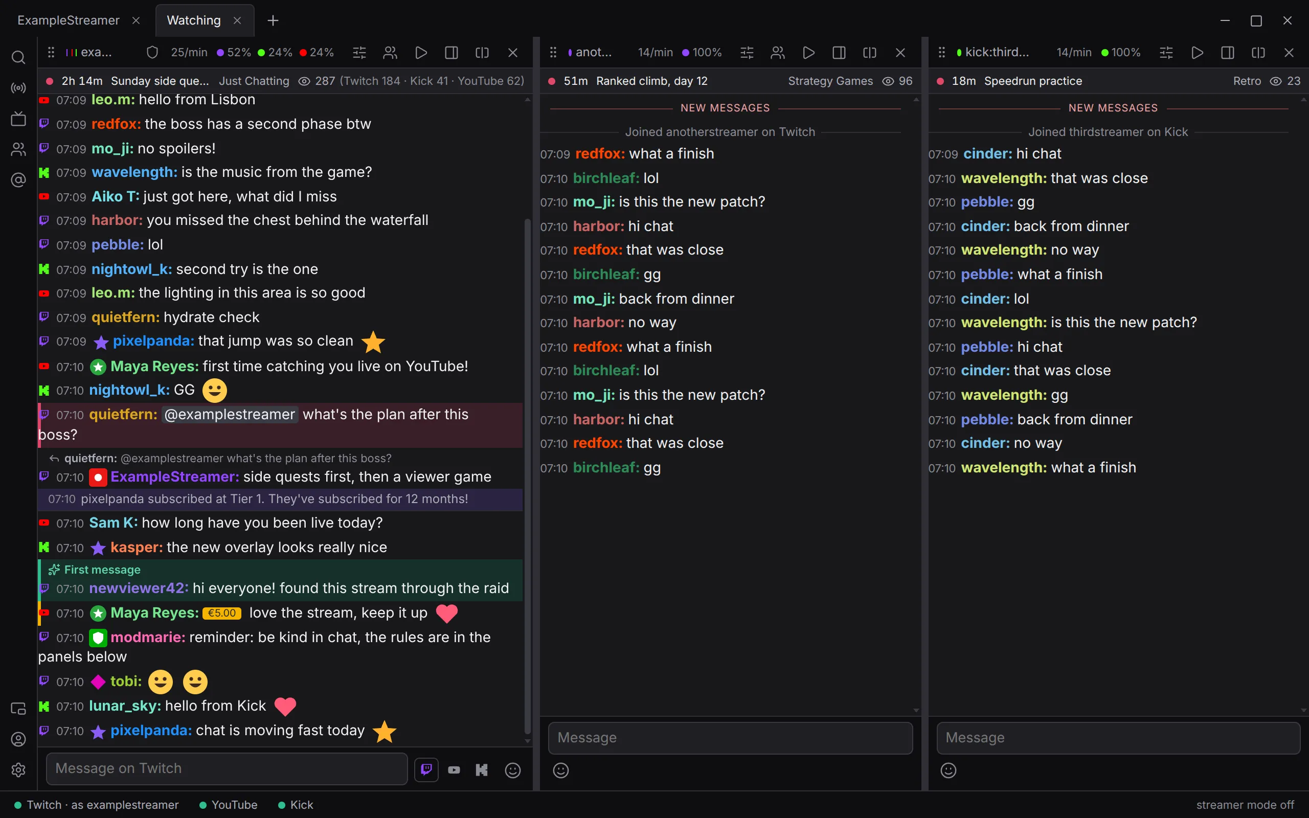 The whole window: the tab row, the rail on the left, three splits side by side in one tab, and the status bar