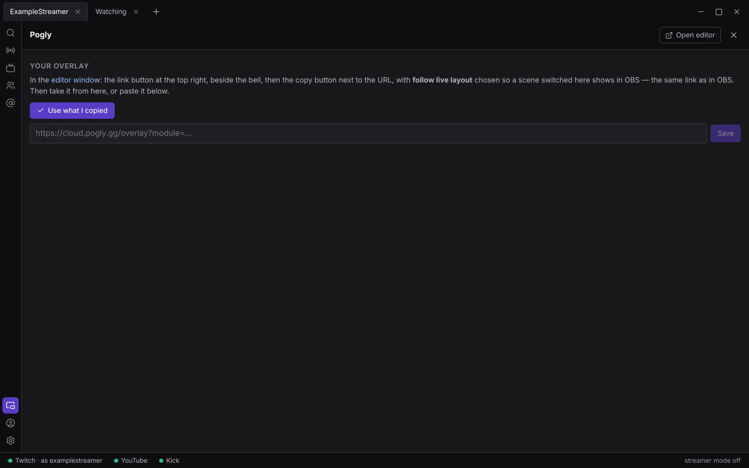 The Pogly panel’s first step: Your overlay, its directions, Use what I copied, and the box for the URL