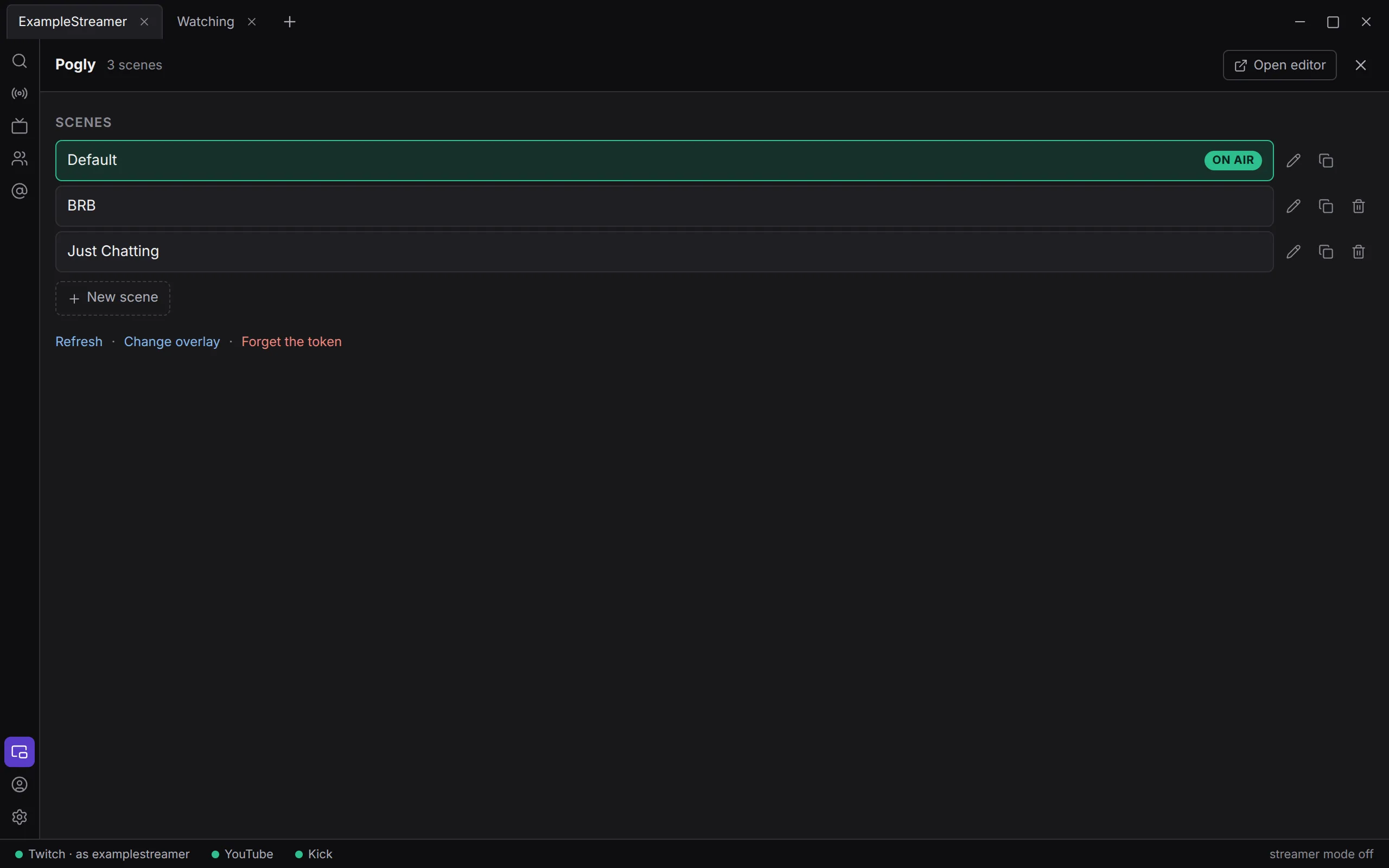 The Scenes list with one scene marked on air and the rename, copy and delete buttons beside each