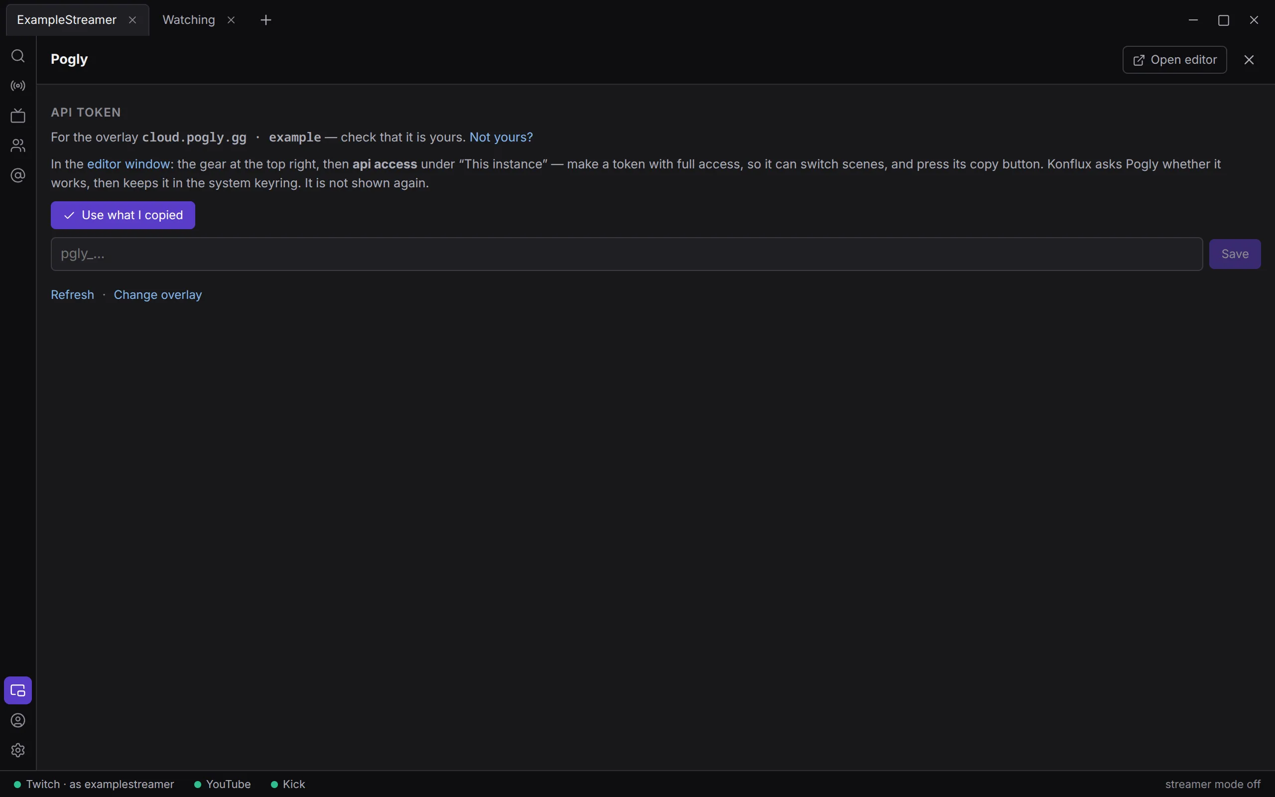 The Pogly panel’s second step: API token, the overlay it is for with Not yours?, and the token box