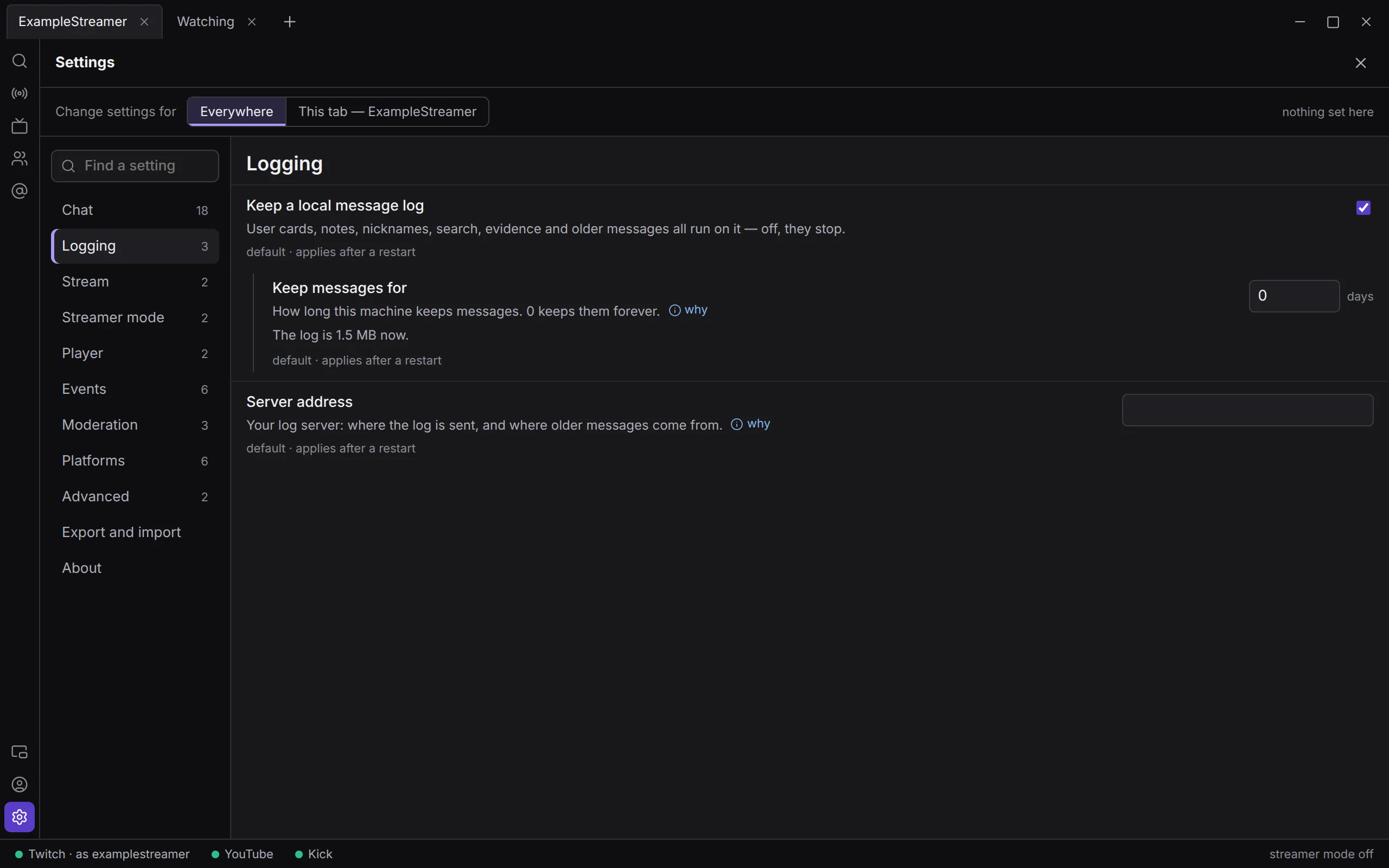 Settings, Logging section: Keep a local message log, Keep messages for with the log’s size under it, and Server address