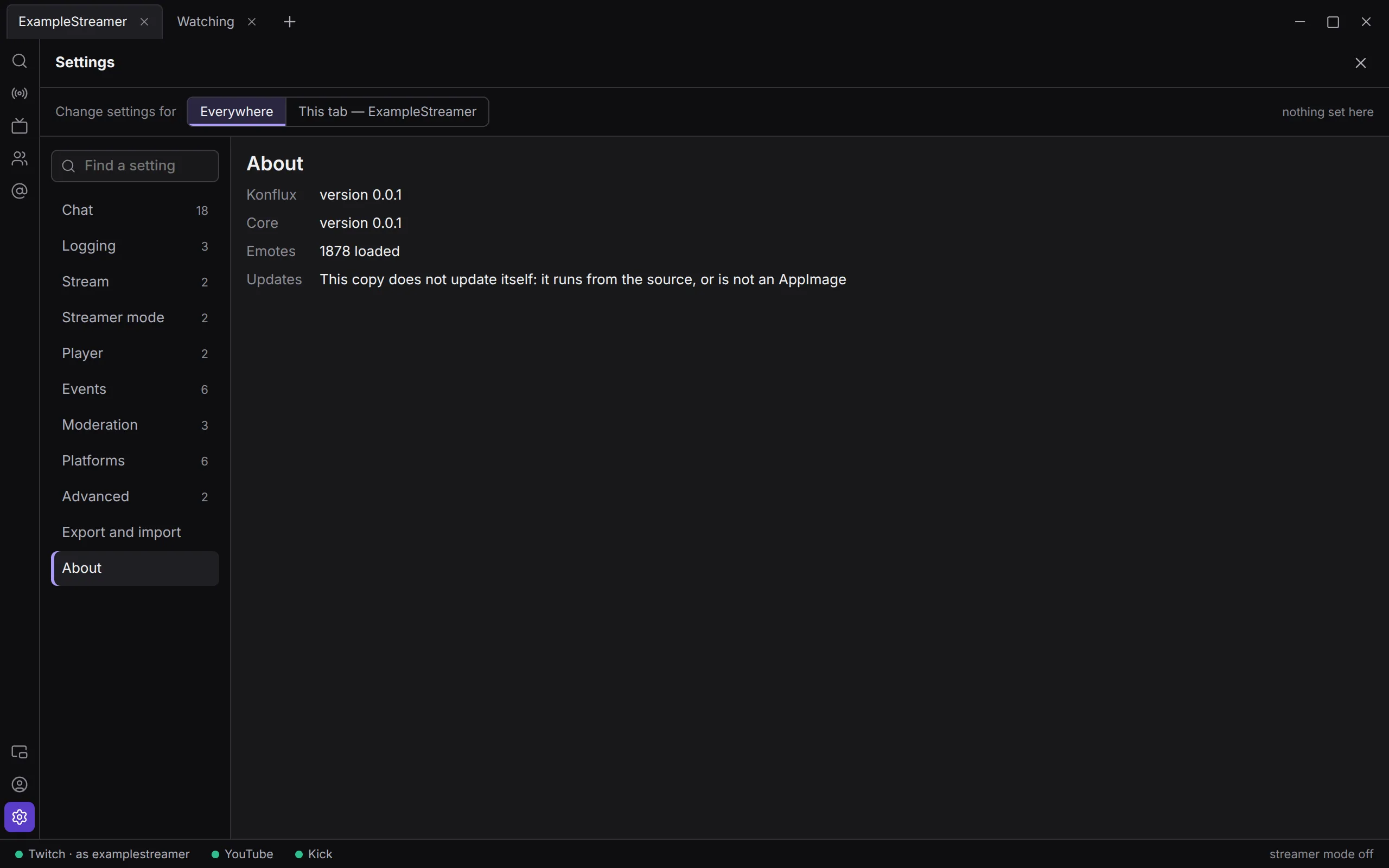 Settings, About: the Konflux and core versions, the emotes loaded, and the update state