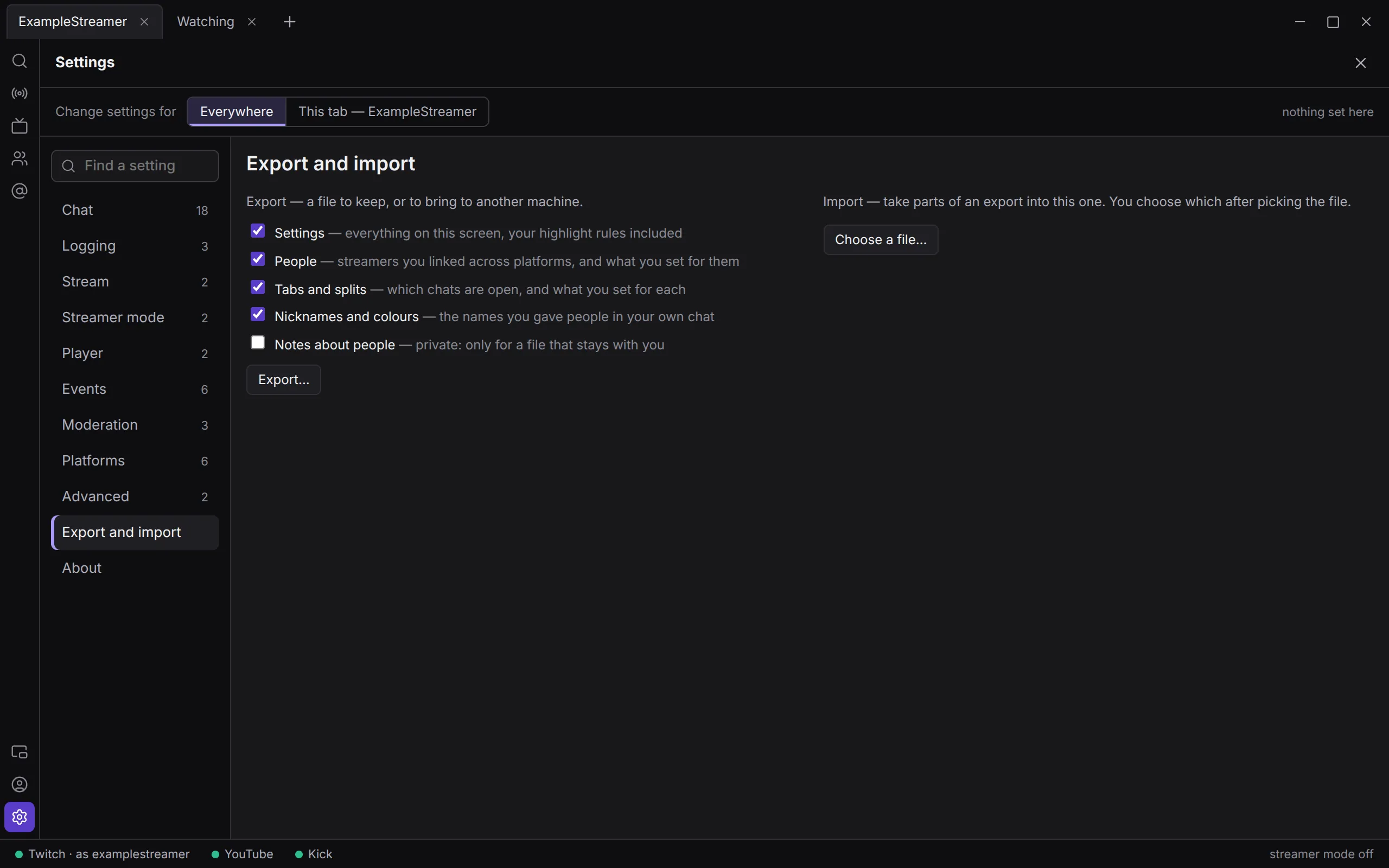 Export and import: the five parts to export with their descriptions, and the import side with its Choose a file button