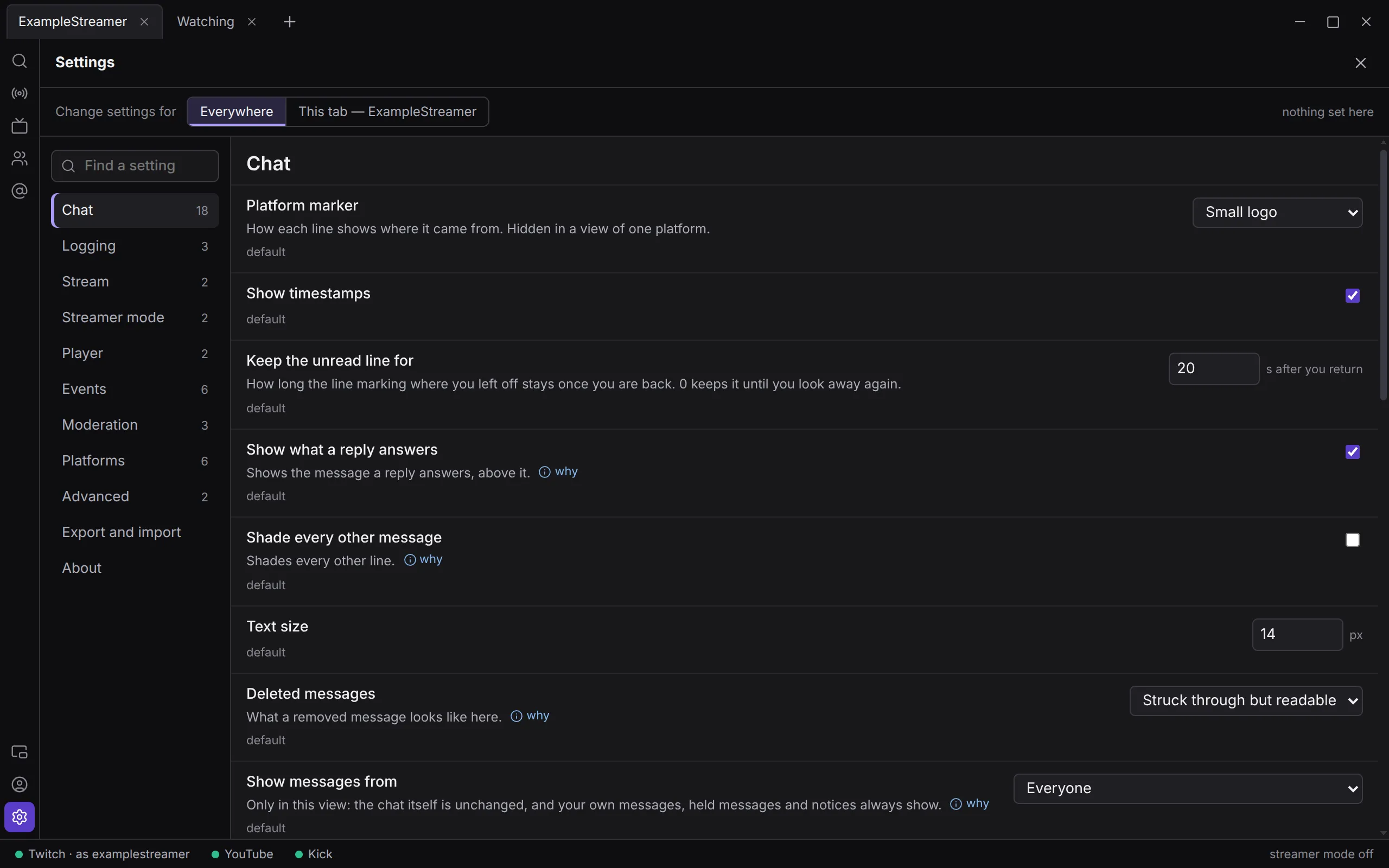 Settings opened from the rail: the section list and the Find a setting box on the left, the Chat section on the right