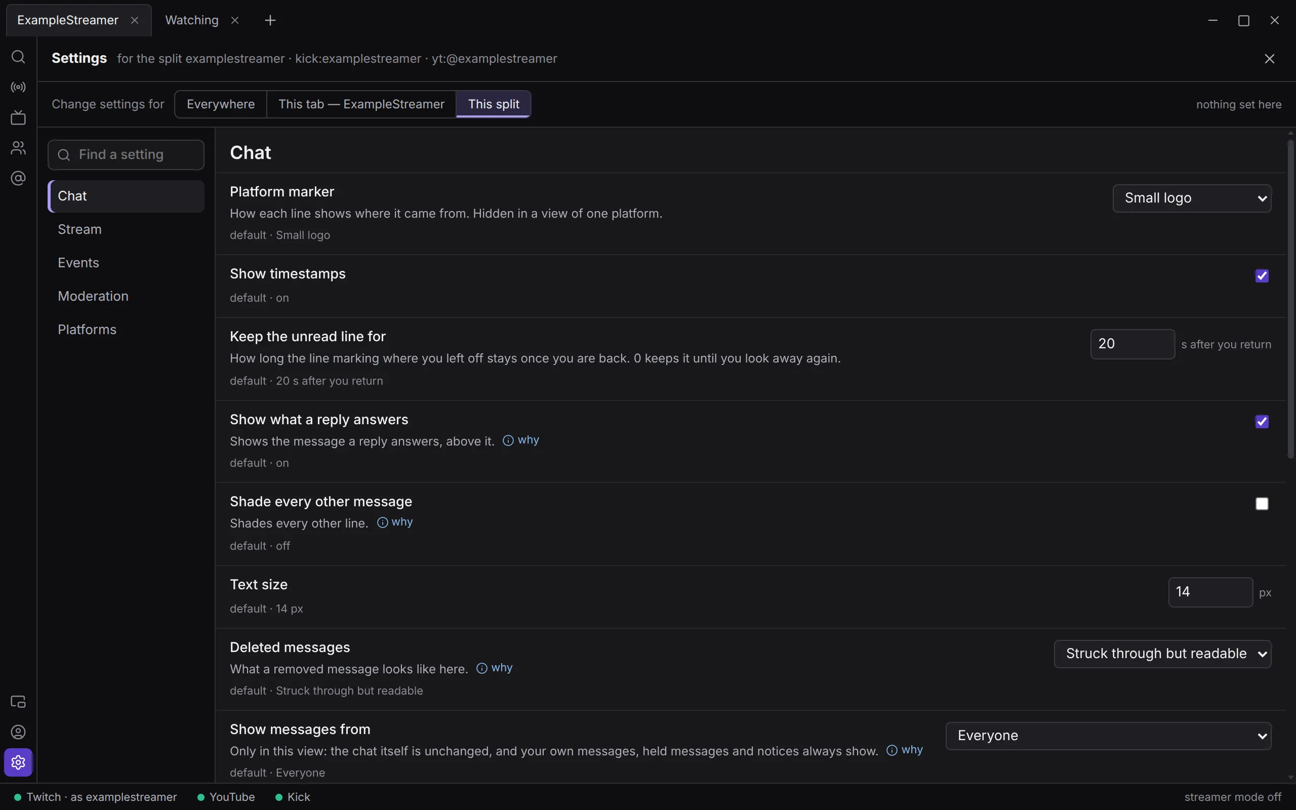 Settings opened for one split: the scope bar with Everywhere, This tab and This split, with This split chosen