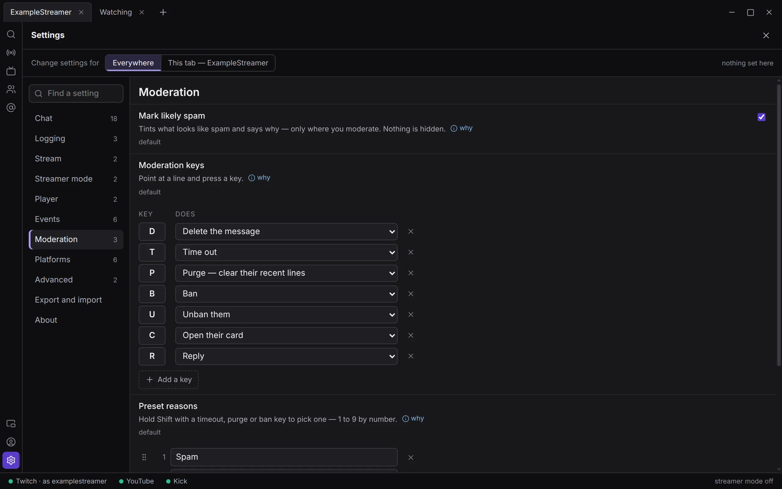 The Moderation keys editor in Settings