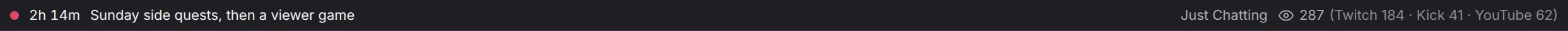 The stream strip under a split’s header, with live time, title, category and viewers per platform